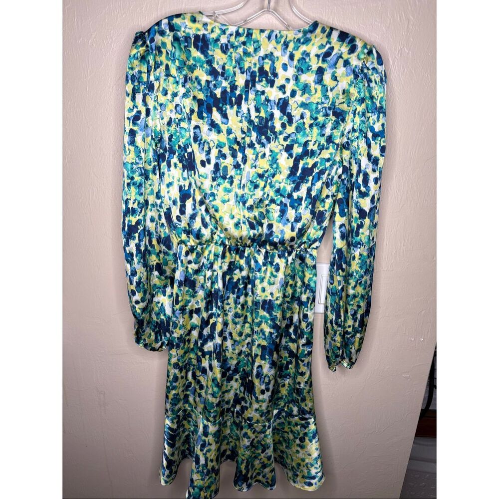 Nicole Miller New York Fit & Flare Long Sleeve Blue and Green Wrap Design XS Dre